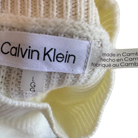 Calvin Klein Large Mock Neck Fuzzy Stripes Sweater Ribbed Knit Winter White - Picture 8 of 10